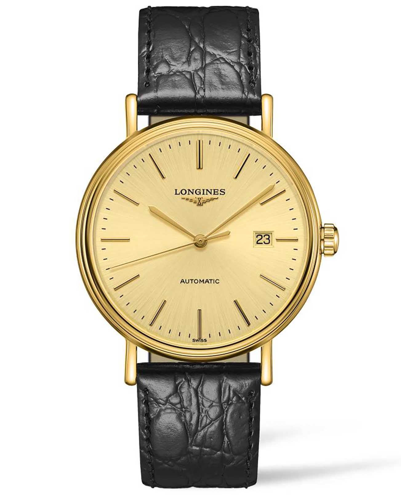 Longines Longines Presence L4.922.2.32.2  L49222322 механические мужские часы золотой циферблат, браслет кожаный — вид спереди